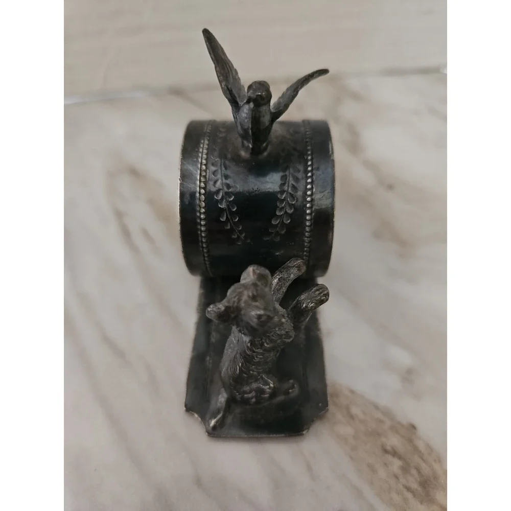 Victorian Silver Plated Figural Napkin Ring w/Dog & Bird - Inscribed Mattie